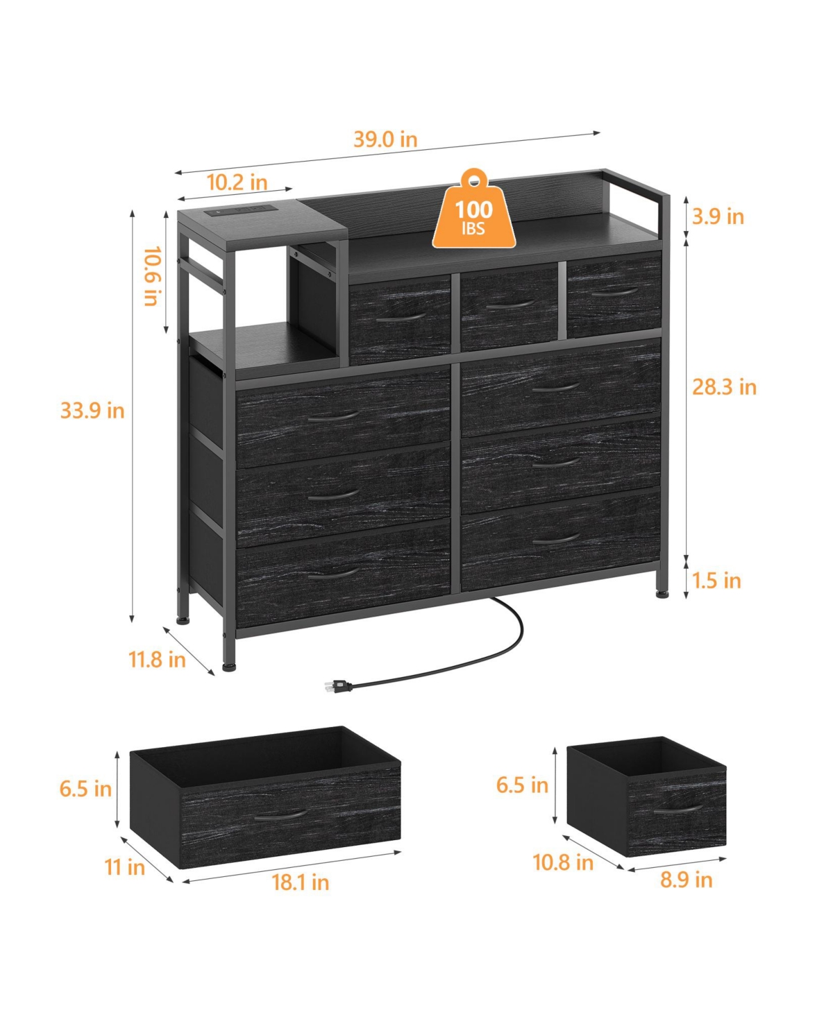 9 Drawer Dresser, Modern 39 Inch Chest of Drawers with Charging Station, Outlets, Multi Purpose Tv Stand for Bedroom, Living Room, Hallway, Black