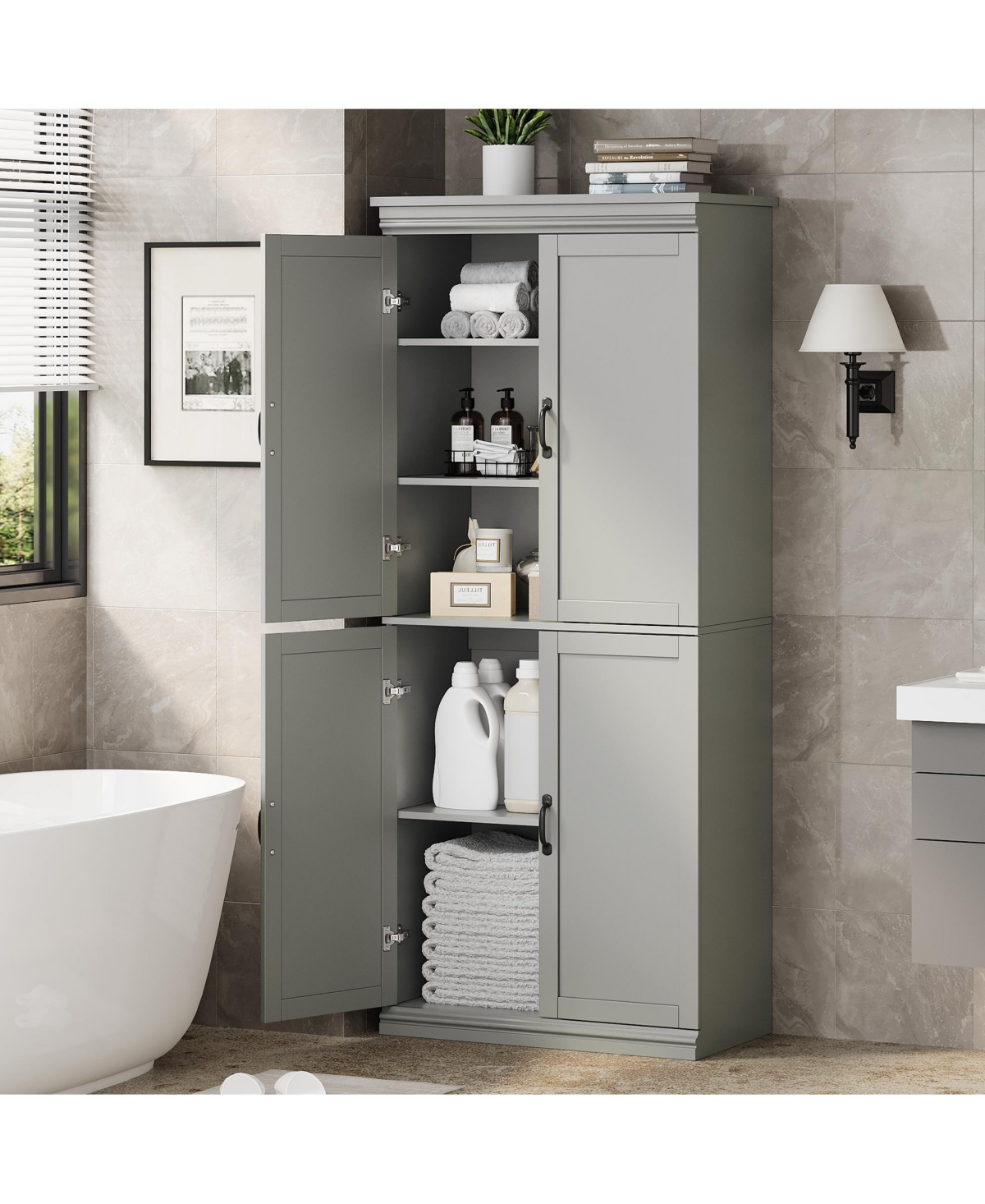 70" Gray Freestanding Pantry Cabinet with Adjustable Shelves and Doors, Tall Kitchen Storage