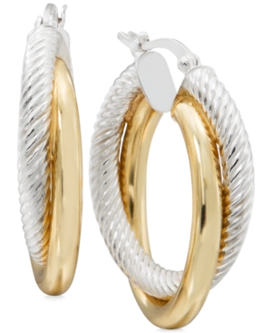 image of Two-Tone Textured Overlapped Hoop Earrings in Sterling Silver and 14k Gold-Plate