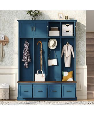 Farmhouse Entryway Hall Tree with Coat Hooks, Cabinets, and Drawers