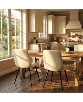 Set of 2 Chenille Upholstered Dining Chairs with Metal Frame and Adjustable Feet,Beige