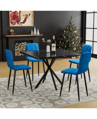 Square Dining Table Set for 4, Modern Faux Marble Dining Table with 4 PU Chairs, MDF Top and Iron Legs, Space Saving Kitchen Dining Set