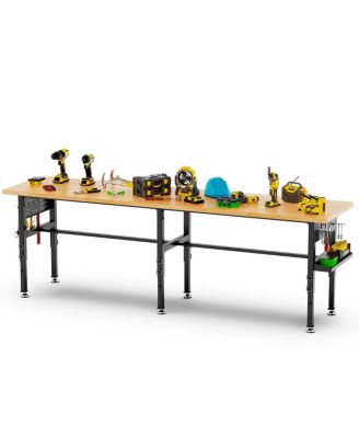 96" Adjustable Solid Wood Workbench with Power Outlet and Pegboard