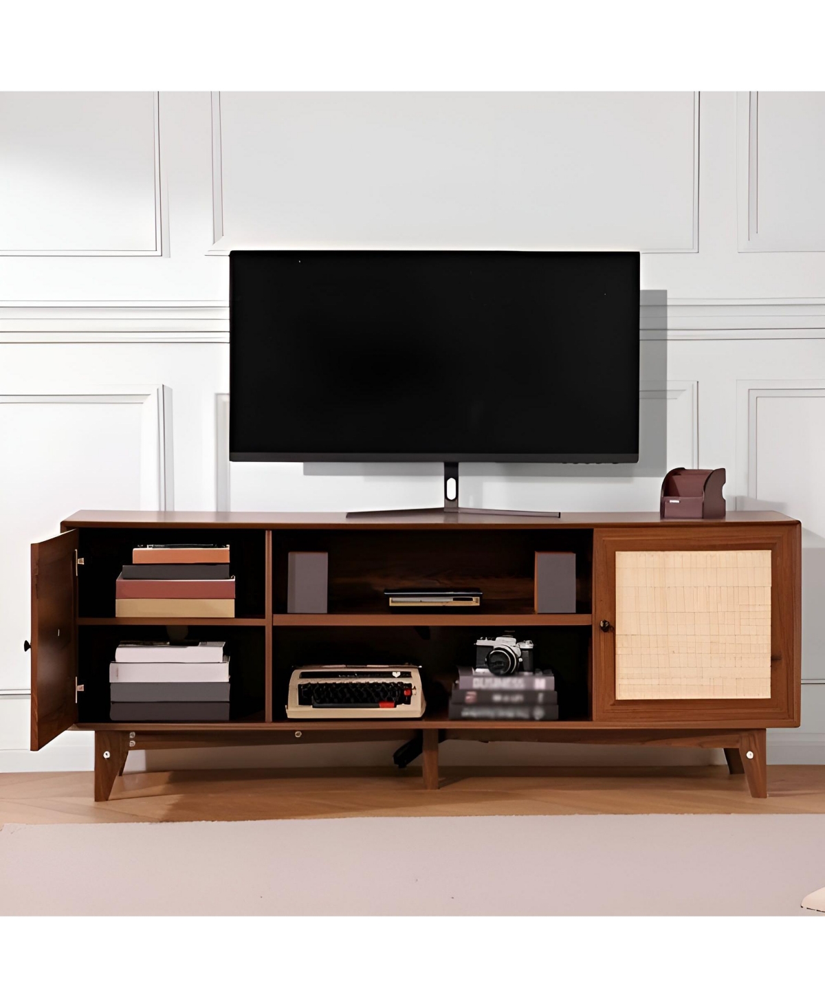 Slickblue Tv Stand with Rattan Door and Storage Shelves, Modern Media Console for Living Room