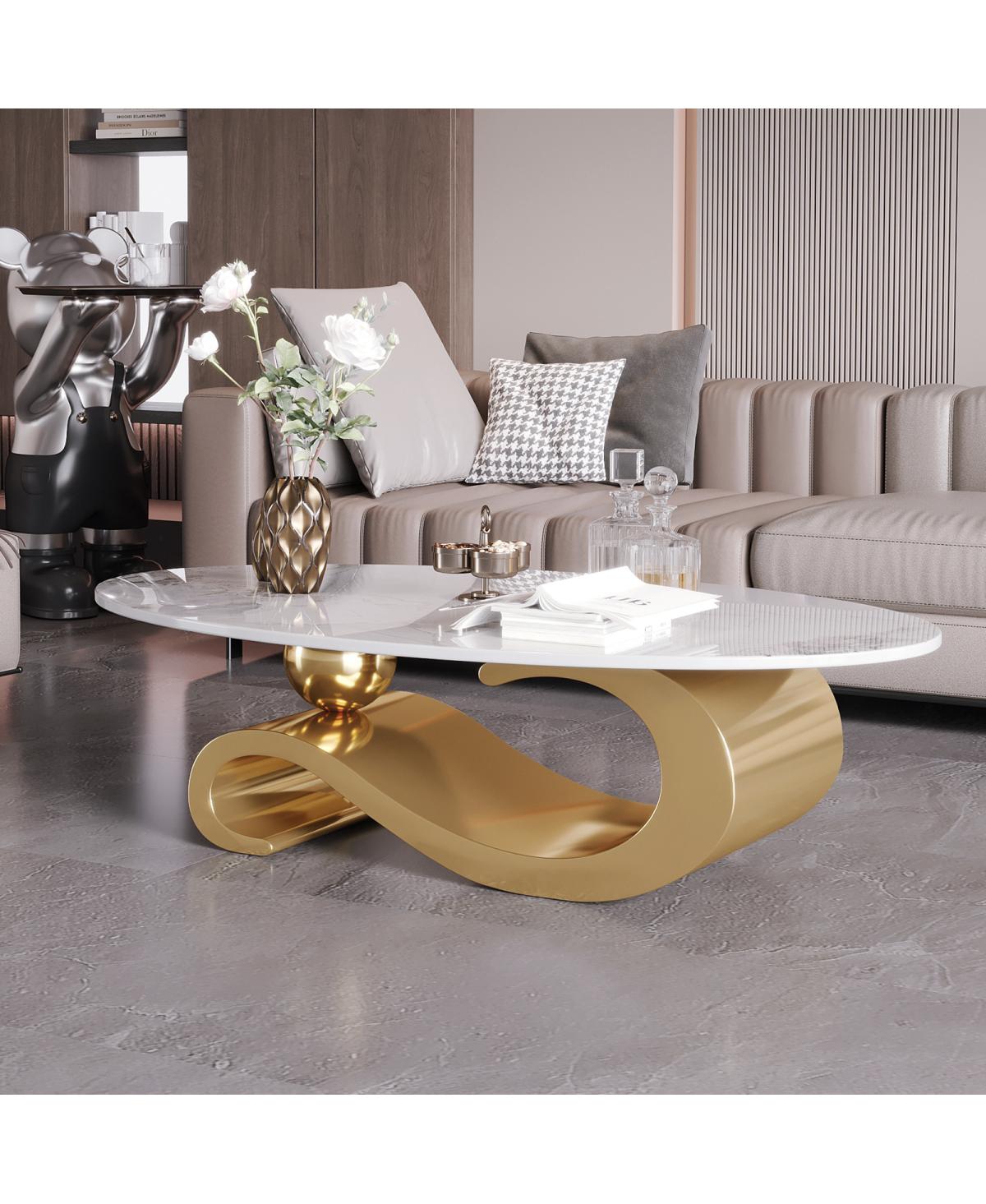 Streamdale Furniture Gold Metal Coffee Table with Stainless Steel Pedestal and Faux Marble Top
