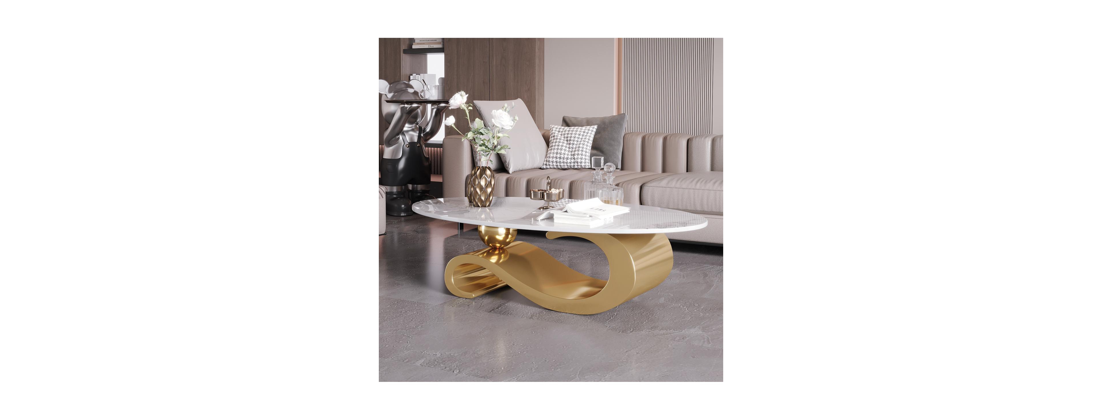 Streamdale Furniture Gold Metal Coffee Table with Stainless Steel Pedestal and Faux Marble Top