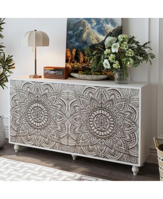60" Boho Mandala 3D Embossed 4-Door Sideboard Buffet Cabinet