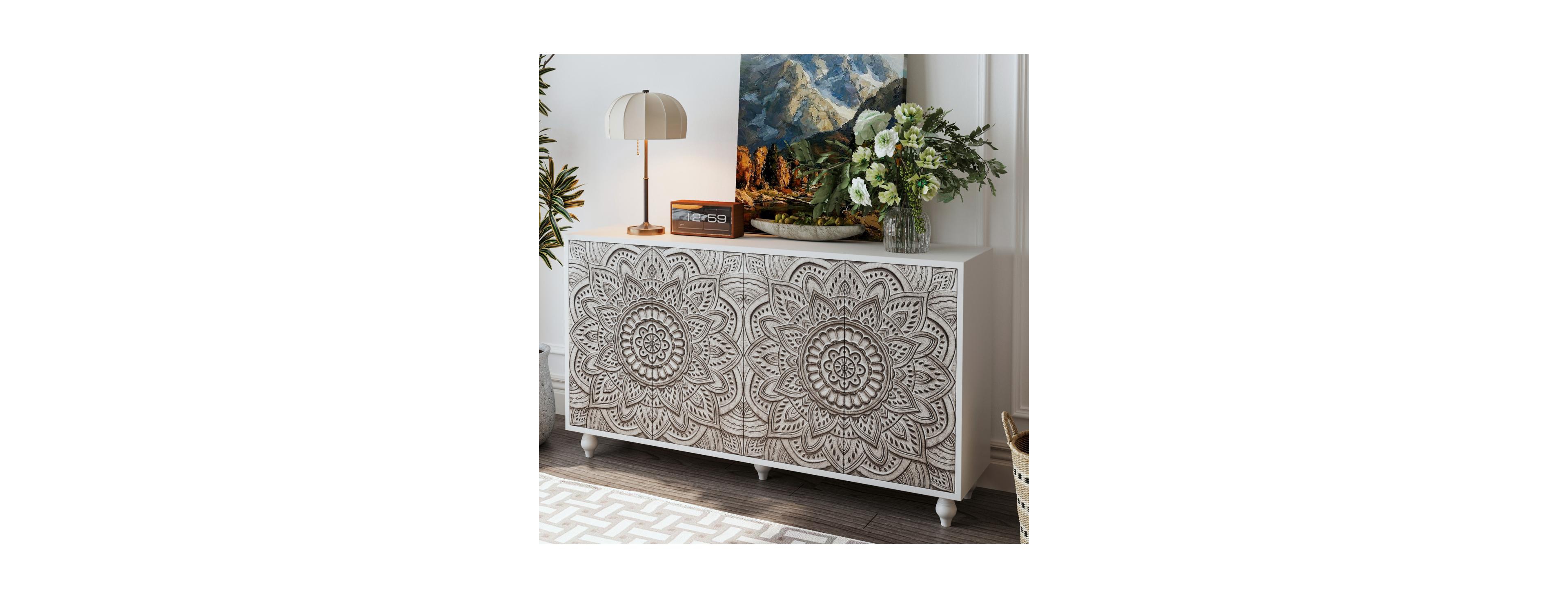 Streamdale Furniture 60" Boho Mandala 3D Embossed 4-Door Sideboard Buffet Cabinet