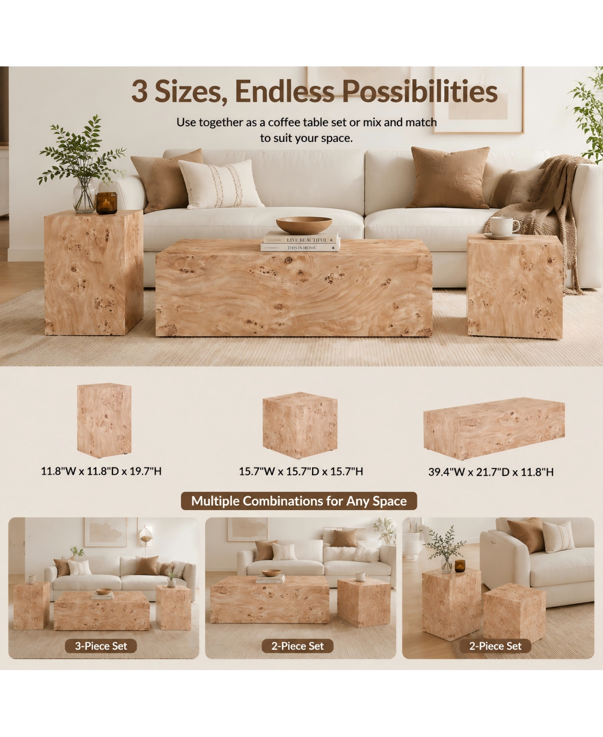 Streamdale Furniture Natural Wood-Grain Mdf Wabi-Sabi Square Coffee and Side Table, 15.7