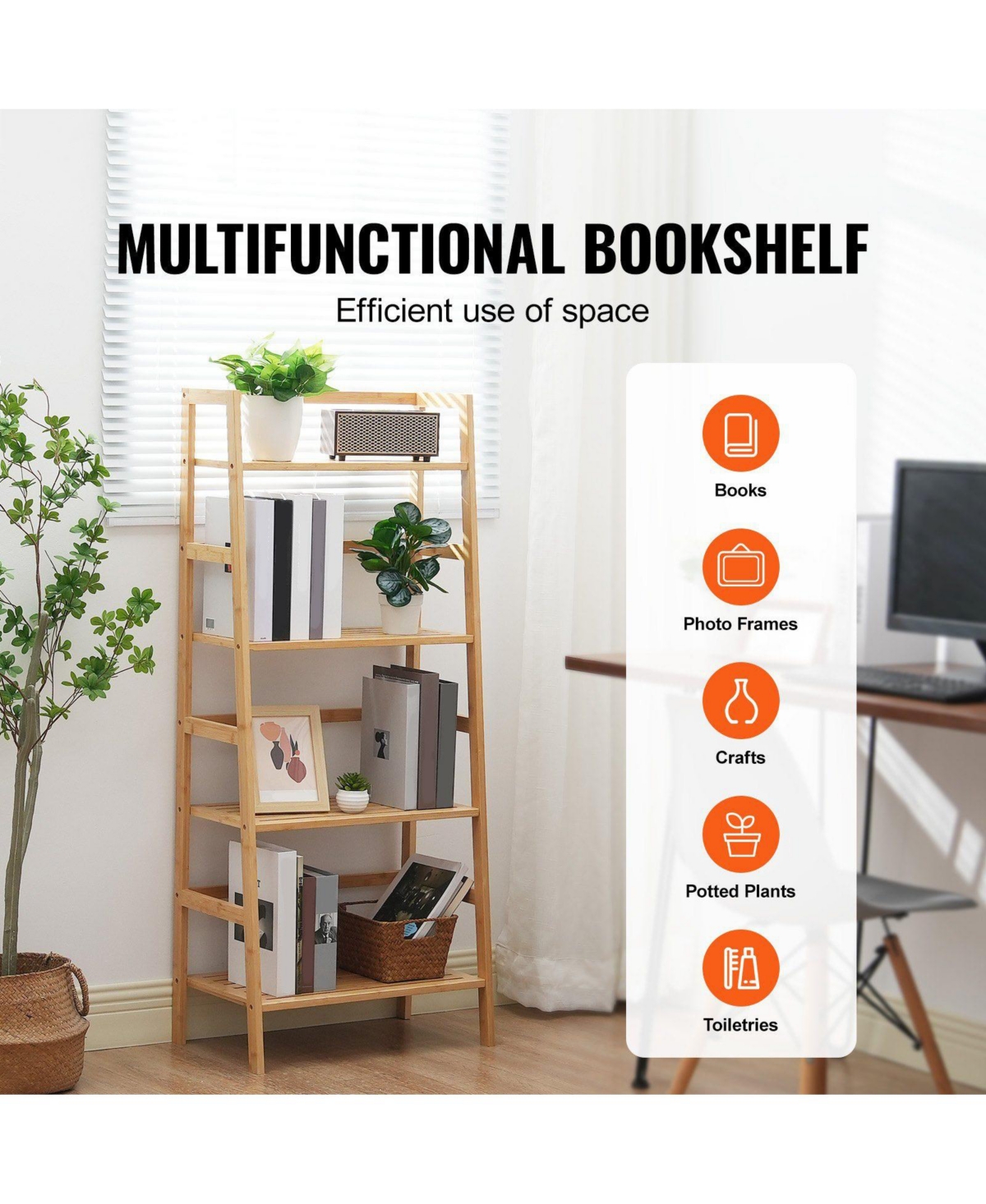 Slickblue 4-Tier Wicker Ladder Shelf, Freestanding Open Bookcase with Display Shelves for Home Office