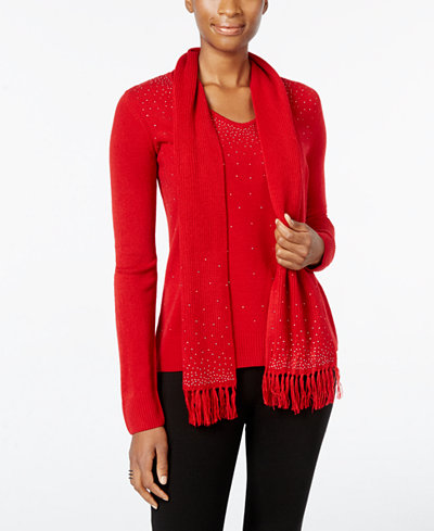Karen Scott Luxsoft Embellished V-Neck Sweater with Scarf, Only at Macy's