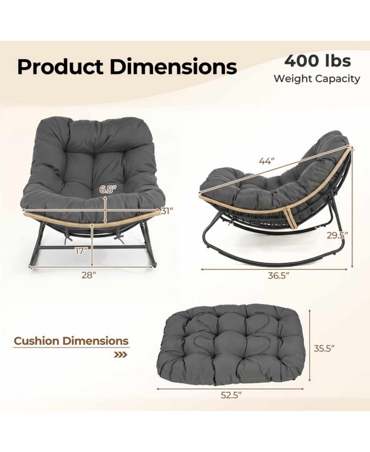 Sugift Outdoor Papasan Rocking Chair with Extra-Thick Cushioned Egg-Shaped Seat