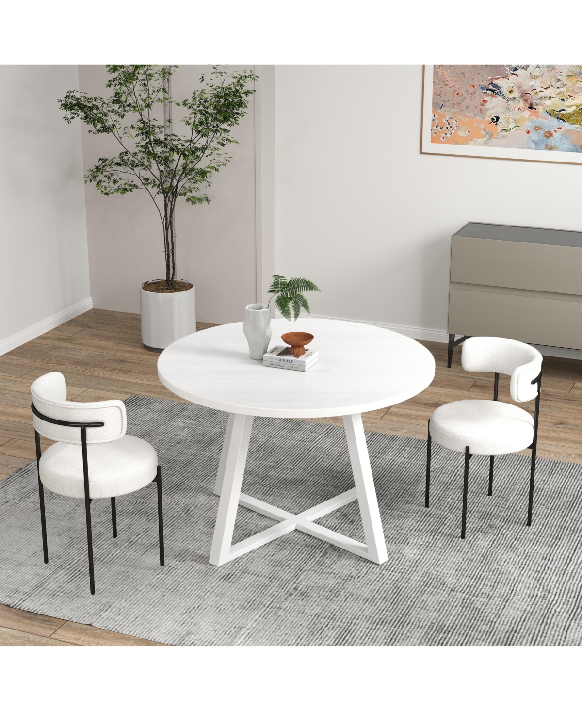 Flynama 3-Piece Round Dining Set, Trestle Base Table and 2 Boucle Fabric Chairs