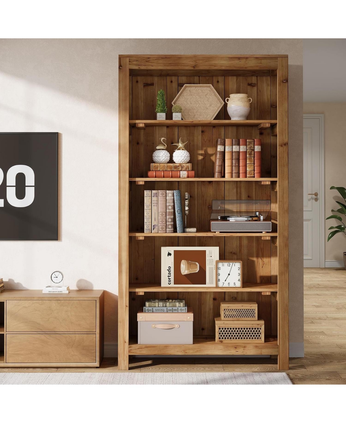 Tribesigns 5-Tier Tall Bookcase Solid Wood Large Bookshelf Heavy Duty