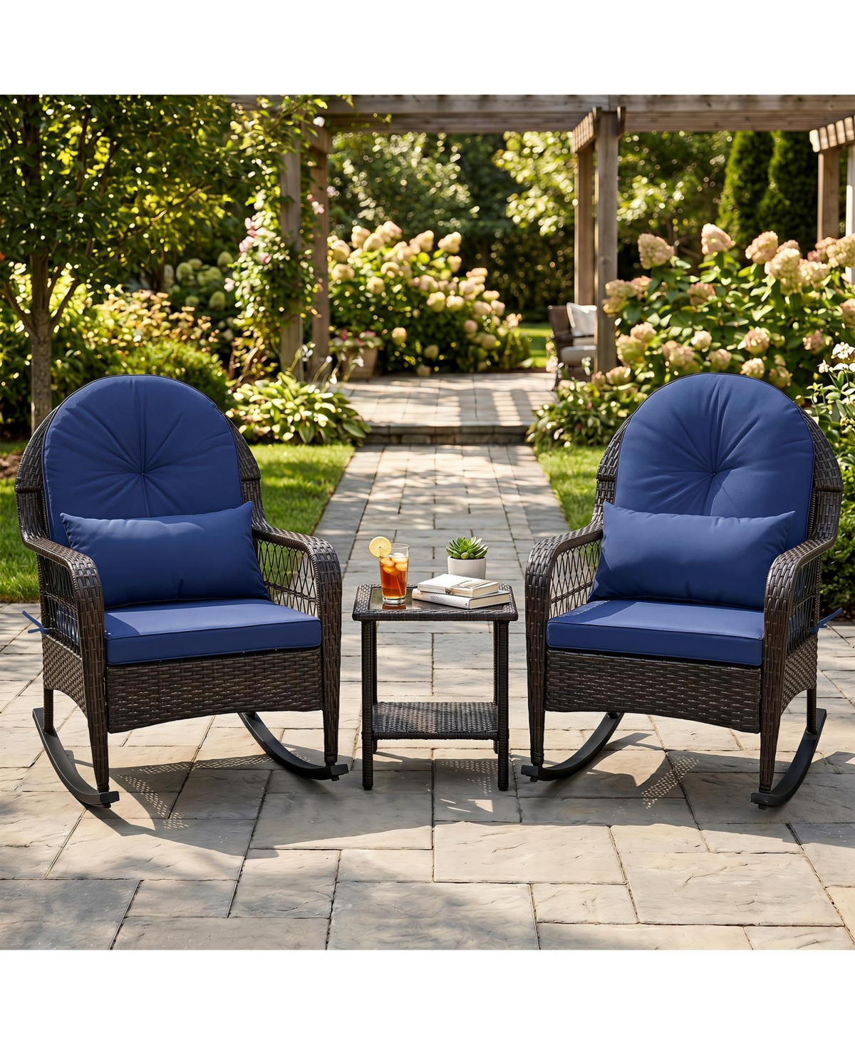 Gymax 2 Piece Outdoor Wicker Rocking Chair 400 Lbs Rattan Rocker Chair with Thick Cushions