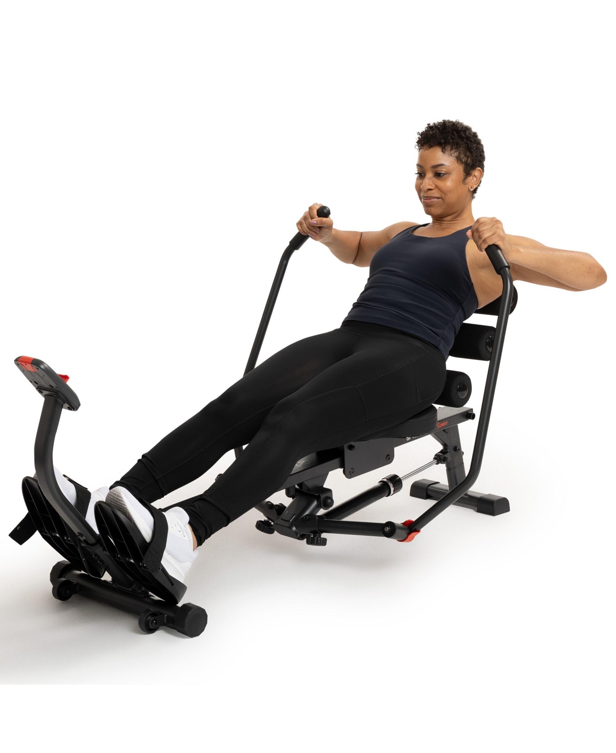 Sunny Health and Fitness 2-in-1 Smart Full Motion Rowing Machine with Core Trainer, 12 Resistance Levels and Trainer-Led Workouts via SunnyFit App - D