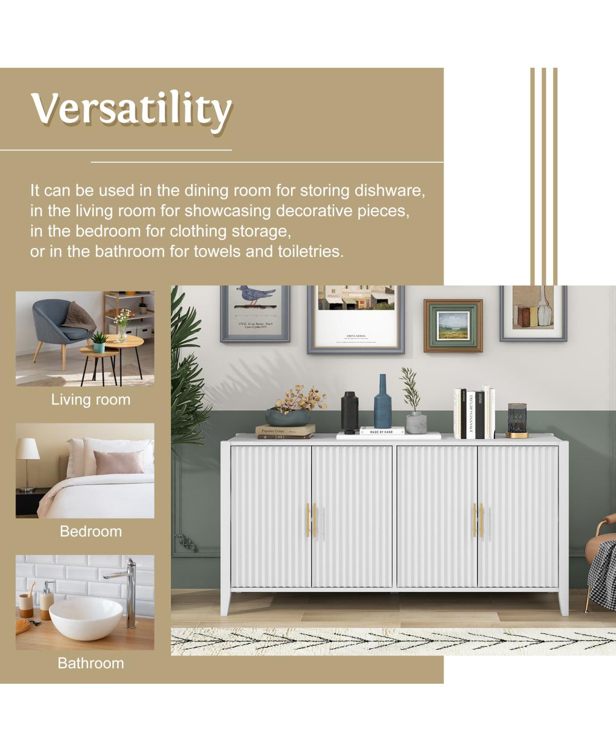 Streamdale Furniture 61" Modern 4-Door Wavy Slatted Sideboard Storage Cabinet