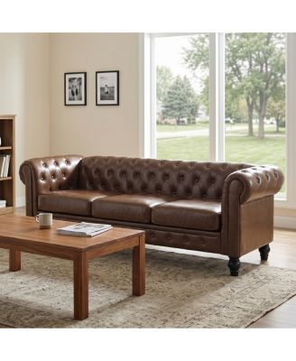 Traditional Tufted PU Leather Sofa with Solid Wood Legs