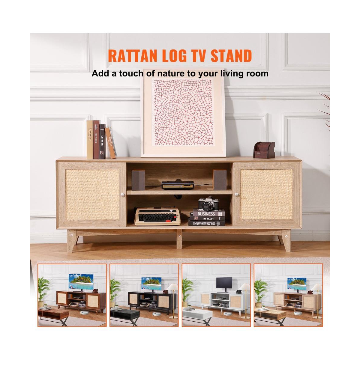 Slickblue Modern Rattan Tv Console with Built-In Power Socket, Storage Shelves for Bedroom and Media Room