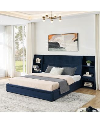 Queen Velvet Storage Platform Bed Frame with Bookcases and Drawer