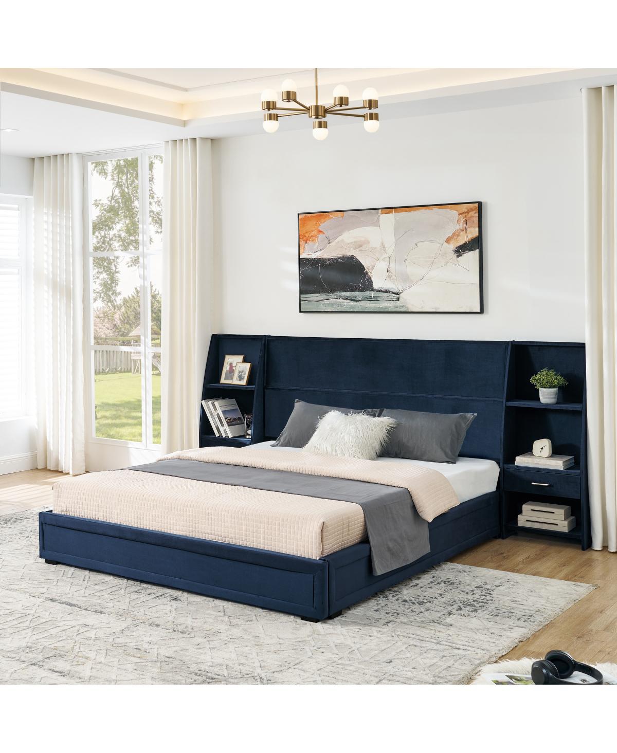 Streamdale Furniture Queen Velvet Storage Platform Bed Frame with Bookcases and Drawer