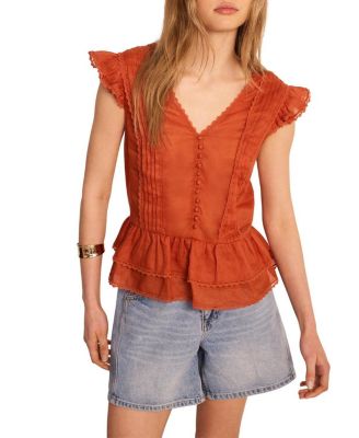Women's V-Neck Ruffle Sleeveless Ramie Blouse