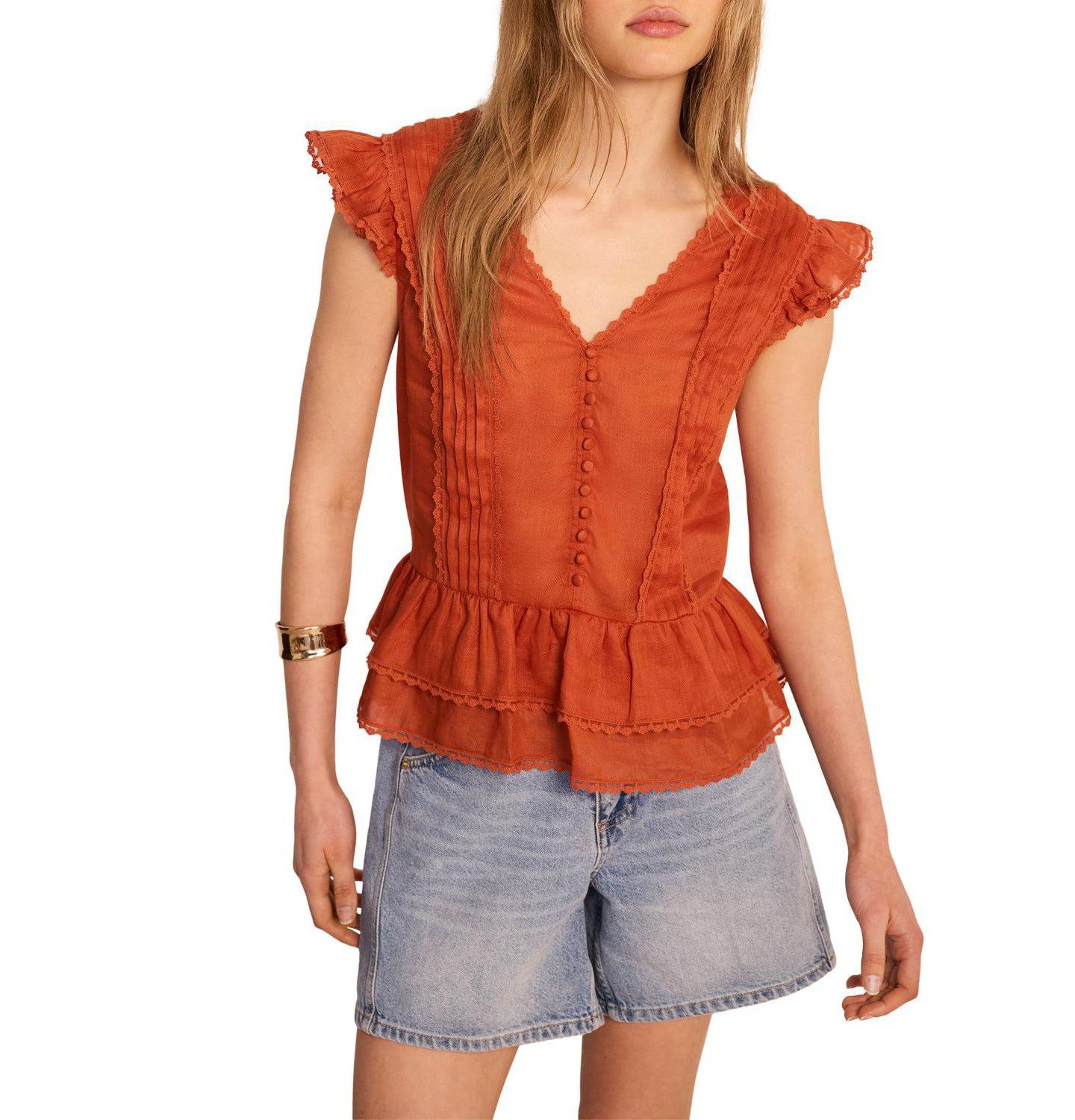 Женская блузка Mint Velvet V-Neck Ruffle Sleeveless Ramie, цвет: Оранжевый — фото 1