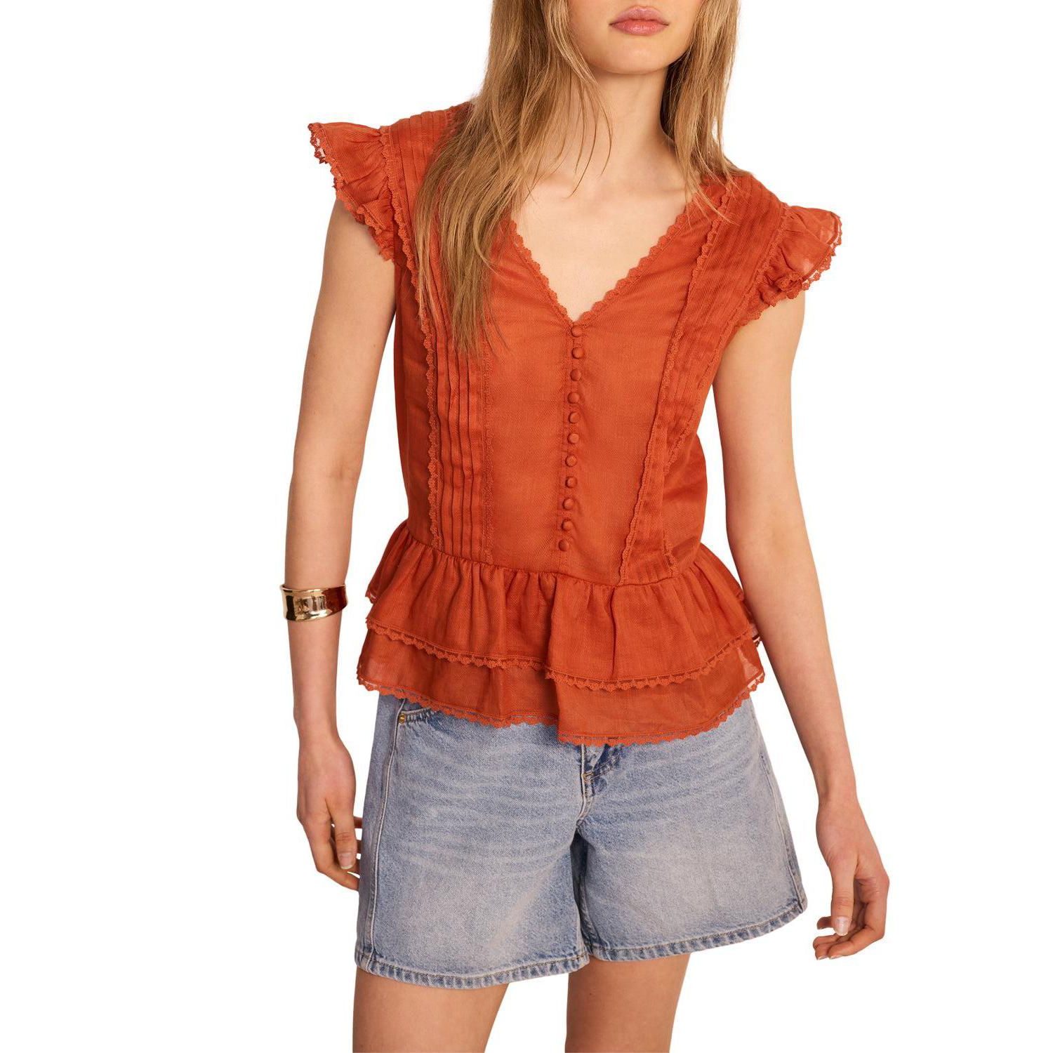 Women's V-Neck Ruffle Sleeveless Ramie Blouse
