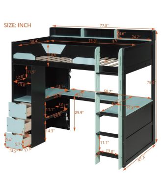  Twin Wooden Gaming Loft Bed with Desk, RGB Lights and Drawers