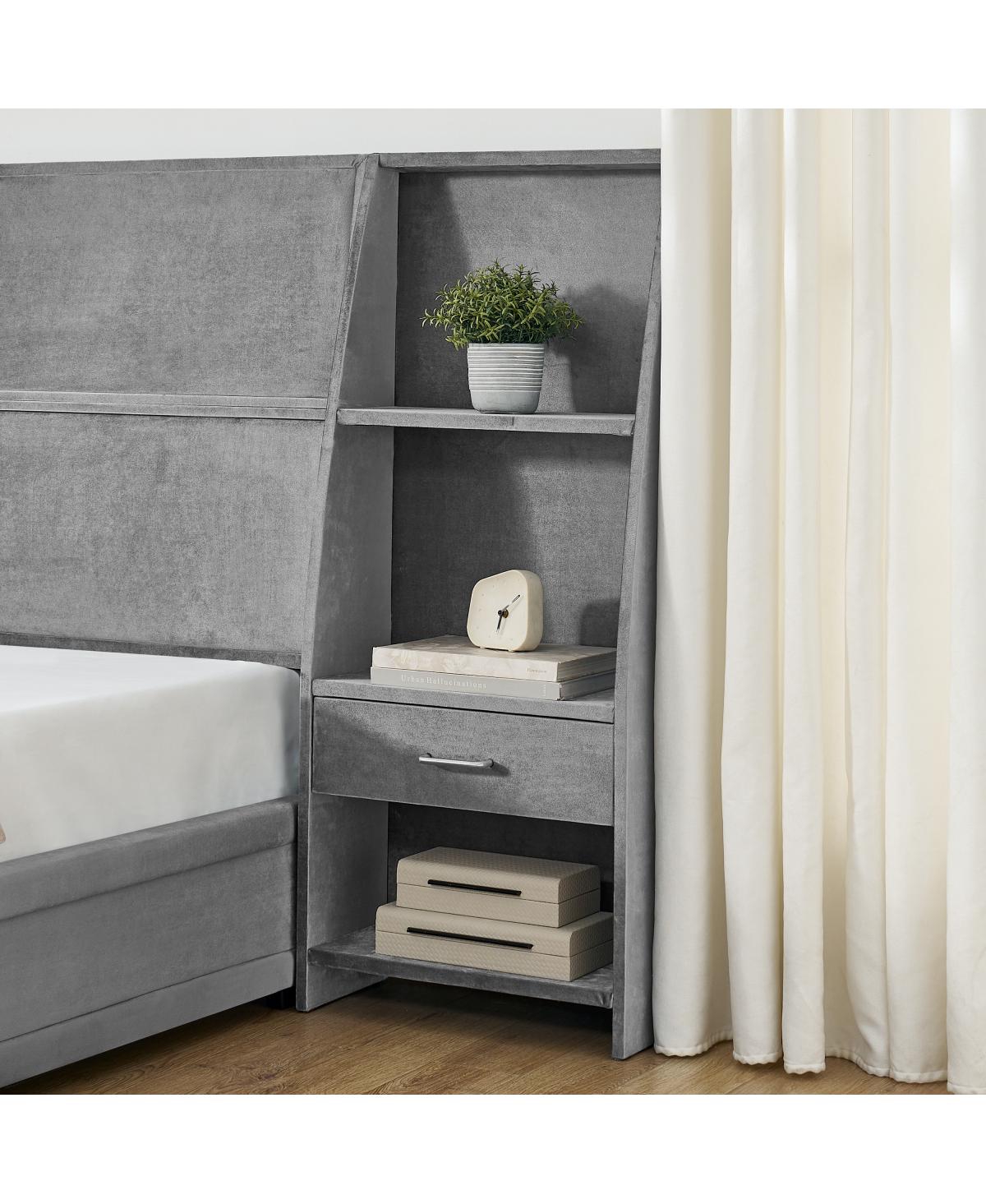 Streamdale Furniture King Size Velvet Storage Platform Bed Frame with Bookcases and Drawer