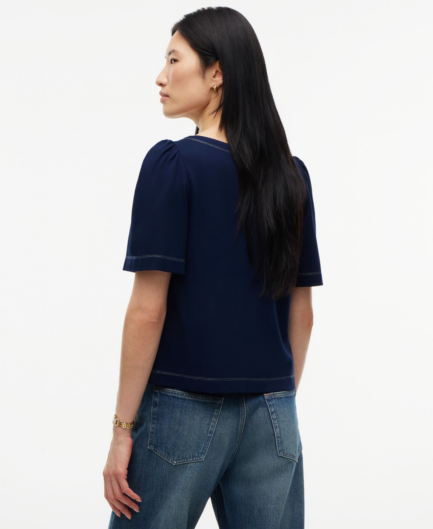 Women's Boat Neck Short-Sleeve Topstitch T-Shirt