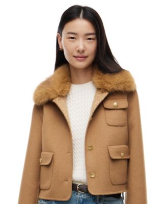 Women's Wool-Blend Cropped Jacket with Faux Fur