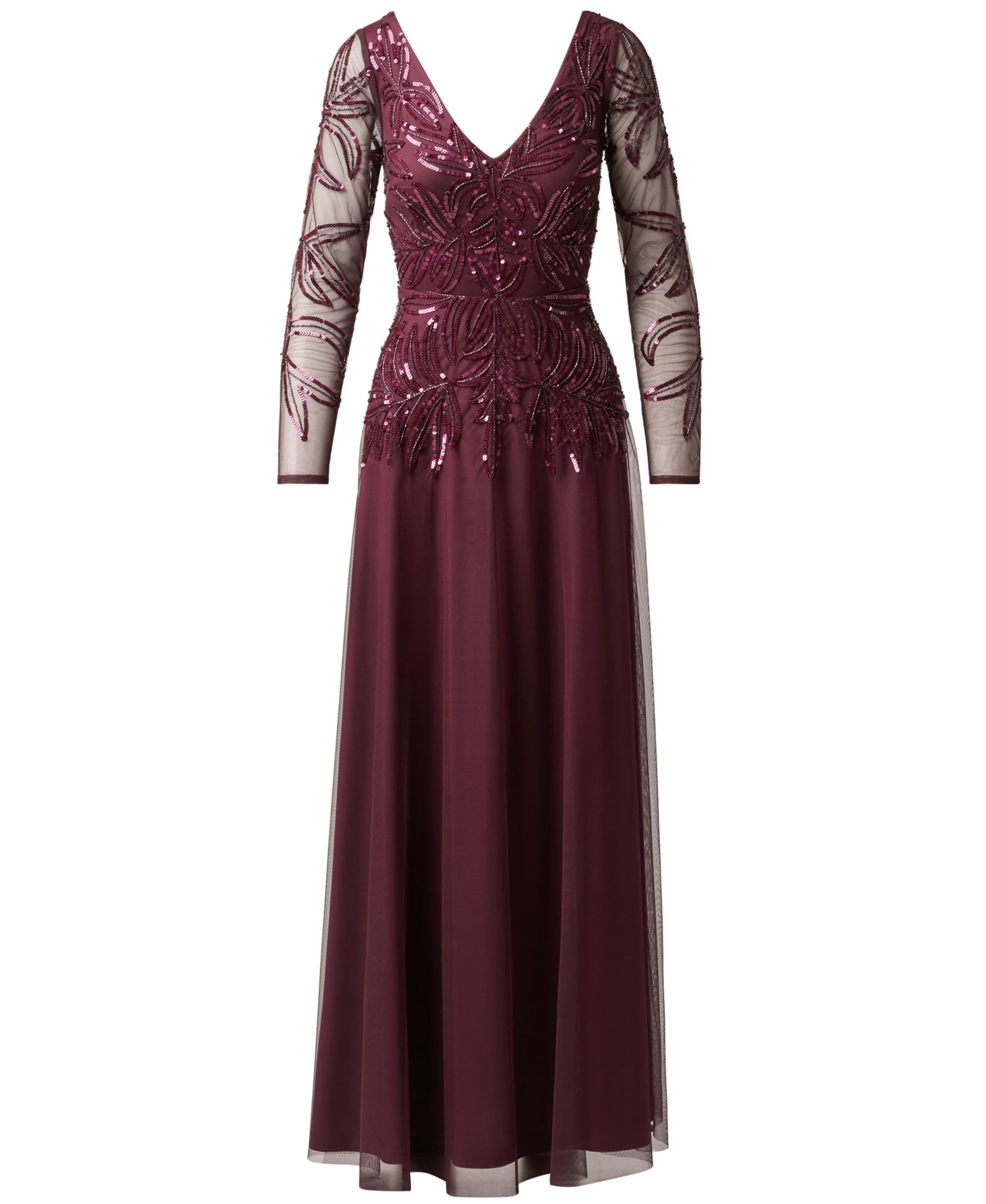 Petite Long-Sleeve Sequined V-Neck Gown