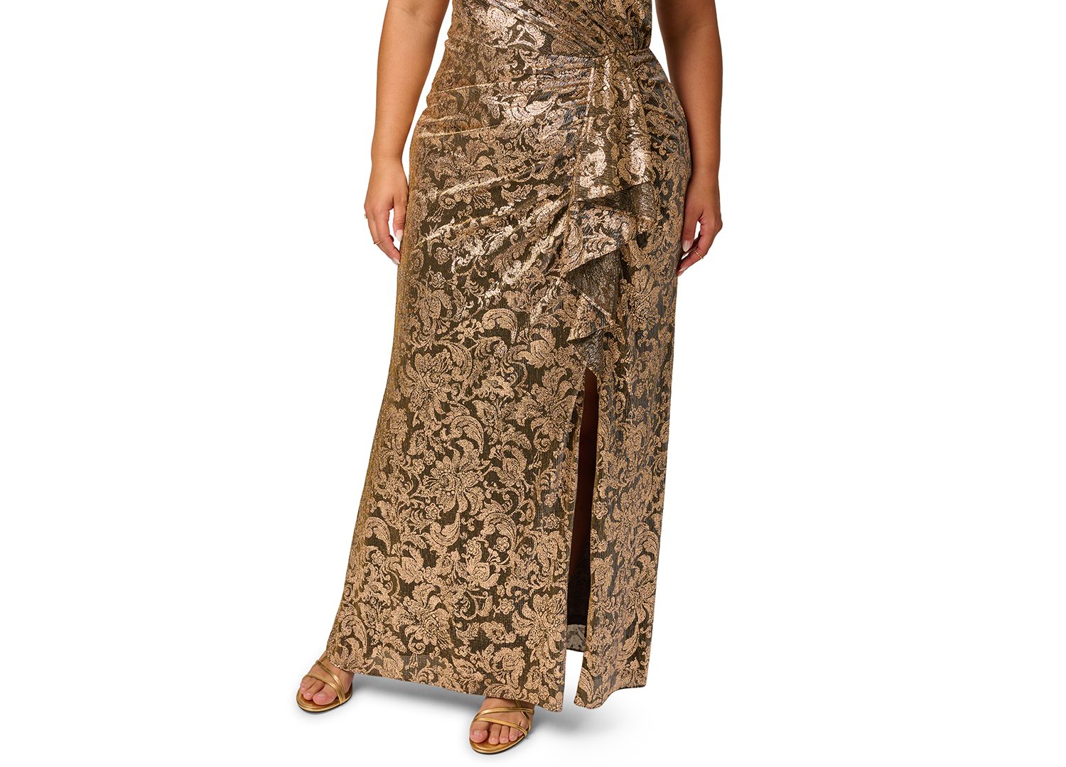 Petite Metallic-Floral Asymmetrical Neckline Sleeveless Gown
