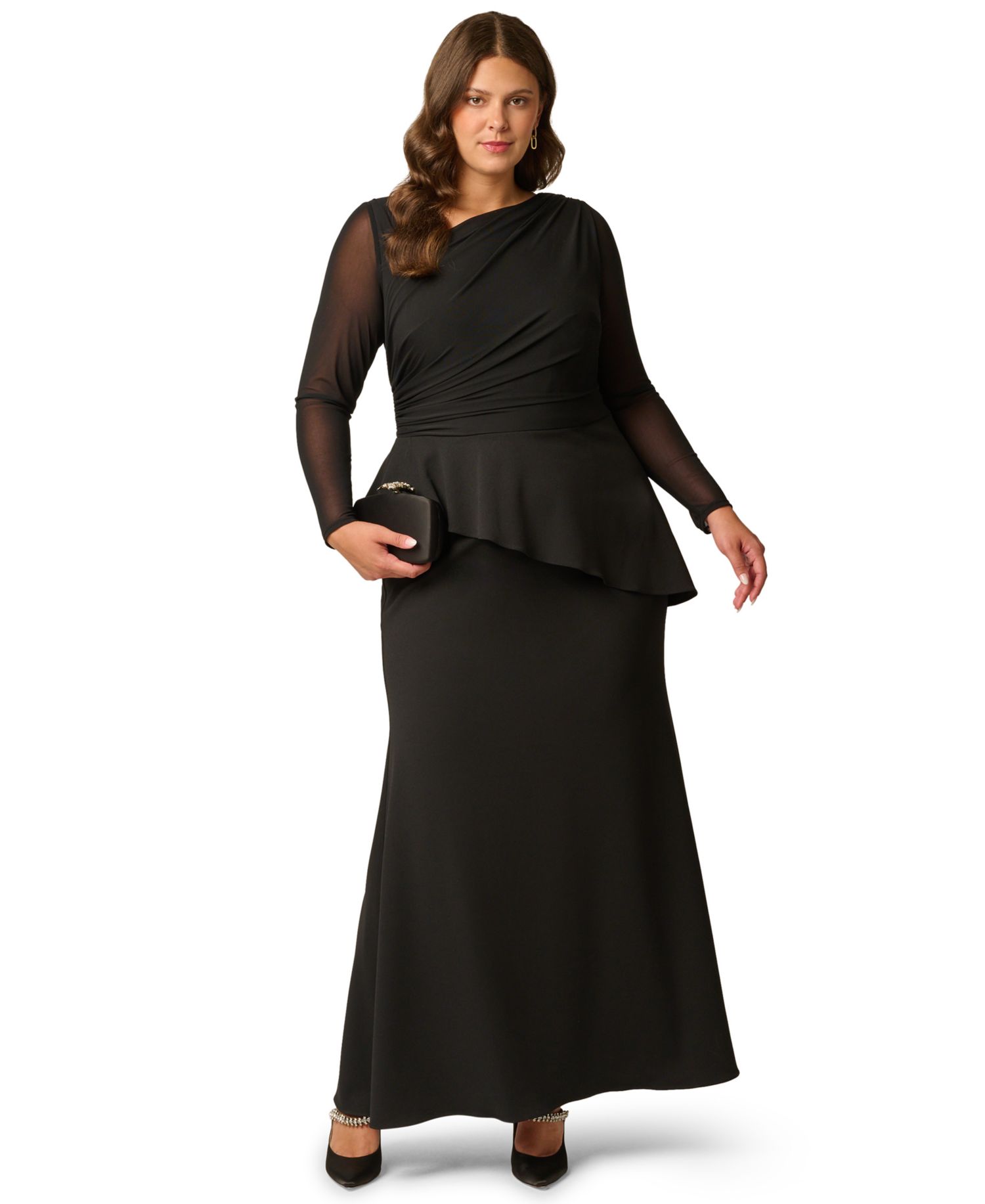 Plus Size Knit Crepe Combo Mesh Go Asymmetrical Long-Sleeve Dress