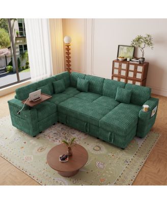 100" U-Shaped Corduroy Pull-Out Sofa Bed with USB Ports and Storage