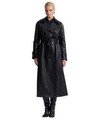 Women's Faux-Leather Belted Raglan-Sleeve Trench Coat