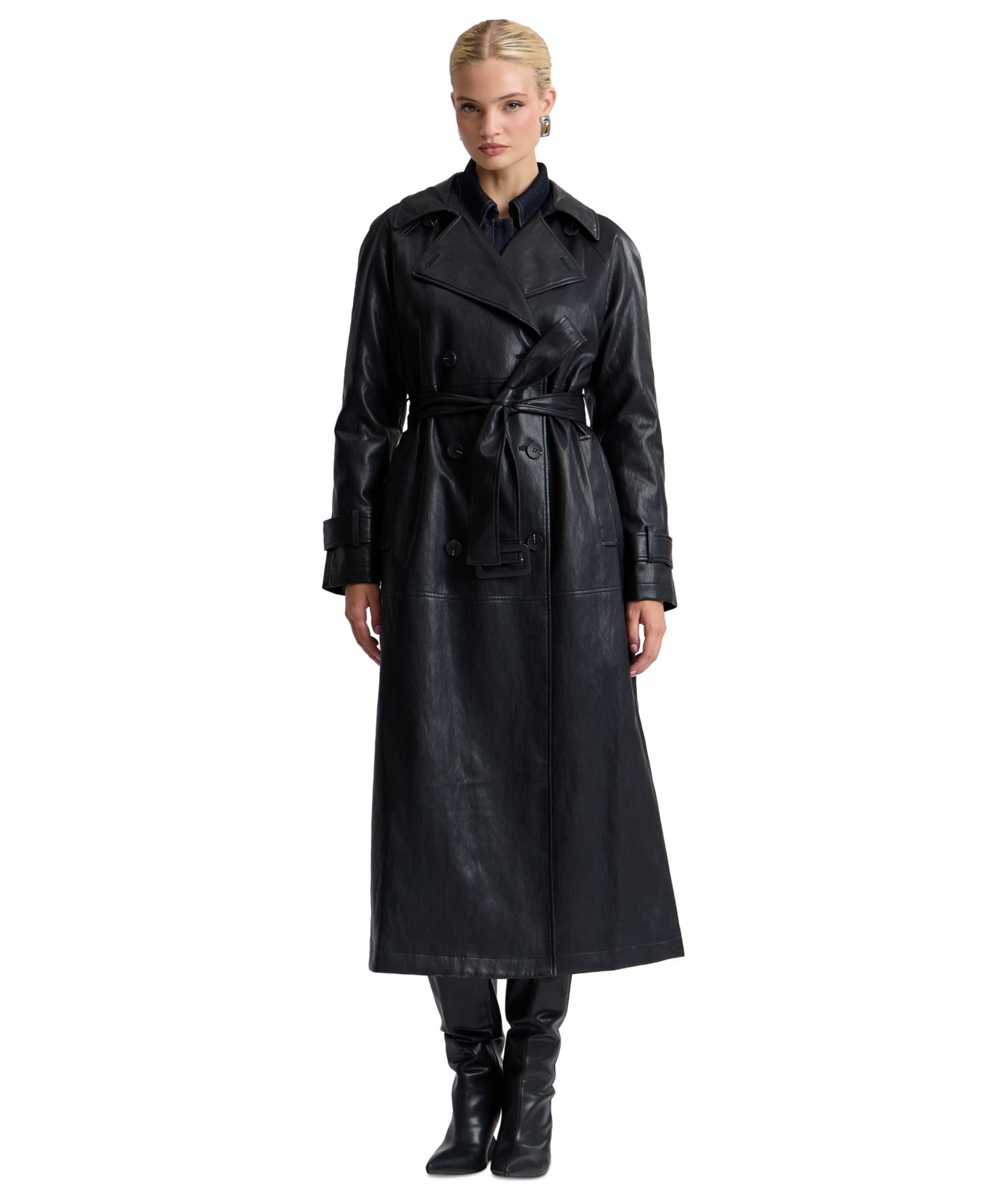 Women's Faux-Leather Belted Raglan-Sleeve Trench Coat
