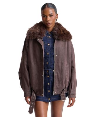 Women's Oversized-Fit Detachable Faux Fur Collar Bomber Coat