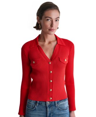 Women's Ribbed Knit Collared V-Neck Cardigan