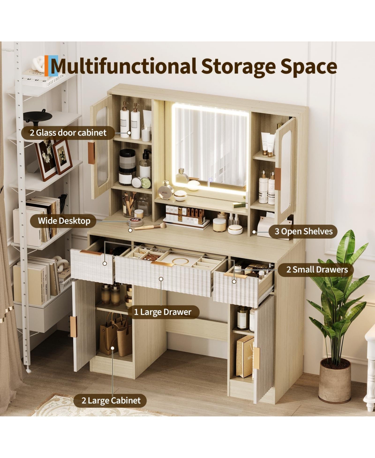 gaomon Vanity Desk with Mirror and Light, Makeup Dressing Table 2 Glass Cabinets, Large Cabinets 3 Wavy Drawers,