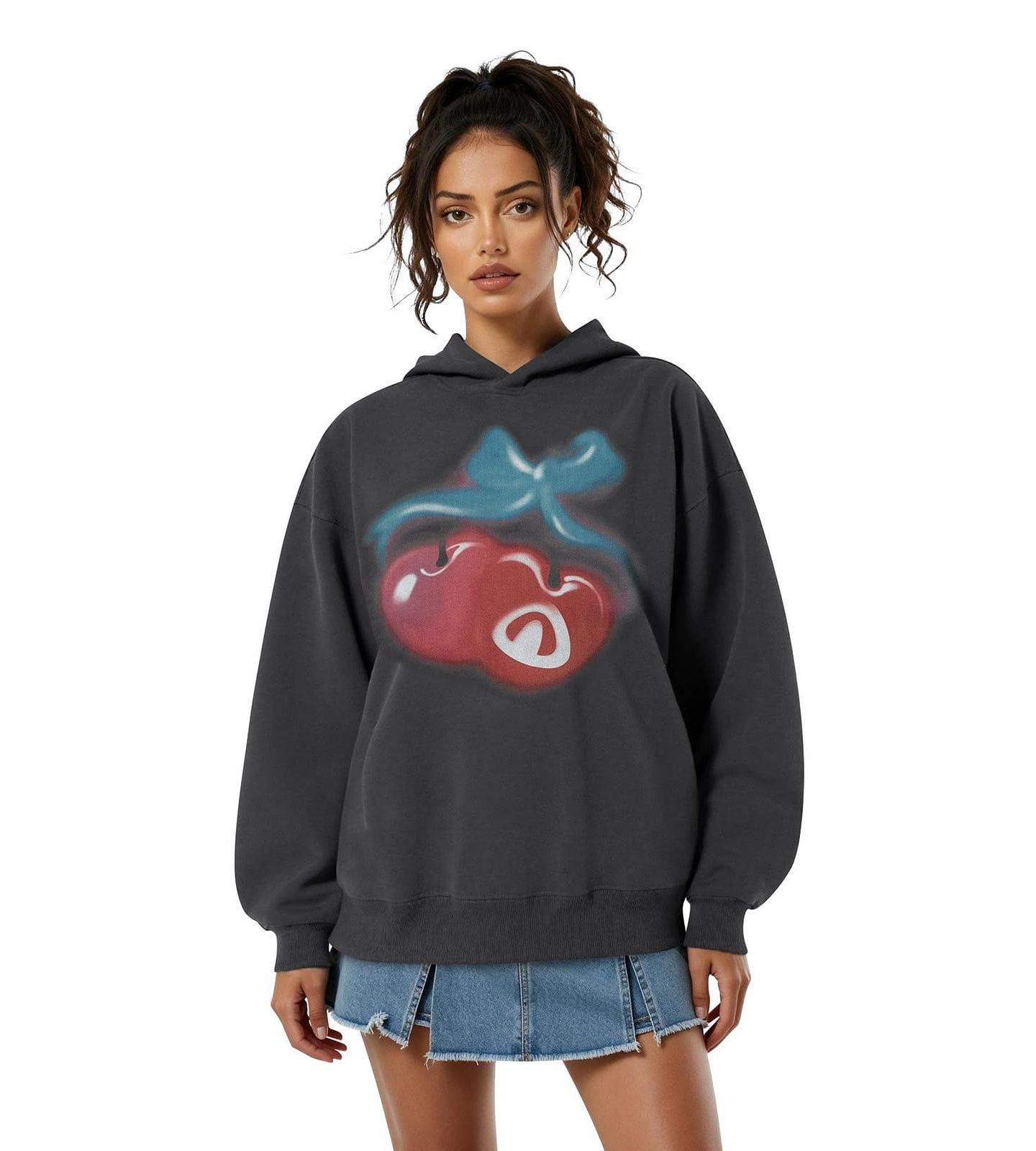 Женское худи AELFRIC EDEN Oversized Cherry-Print Pullover, цвет: Серый — фото 1