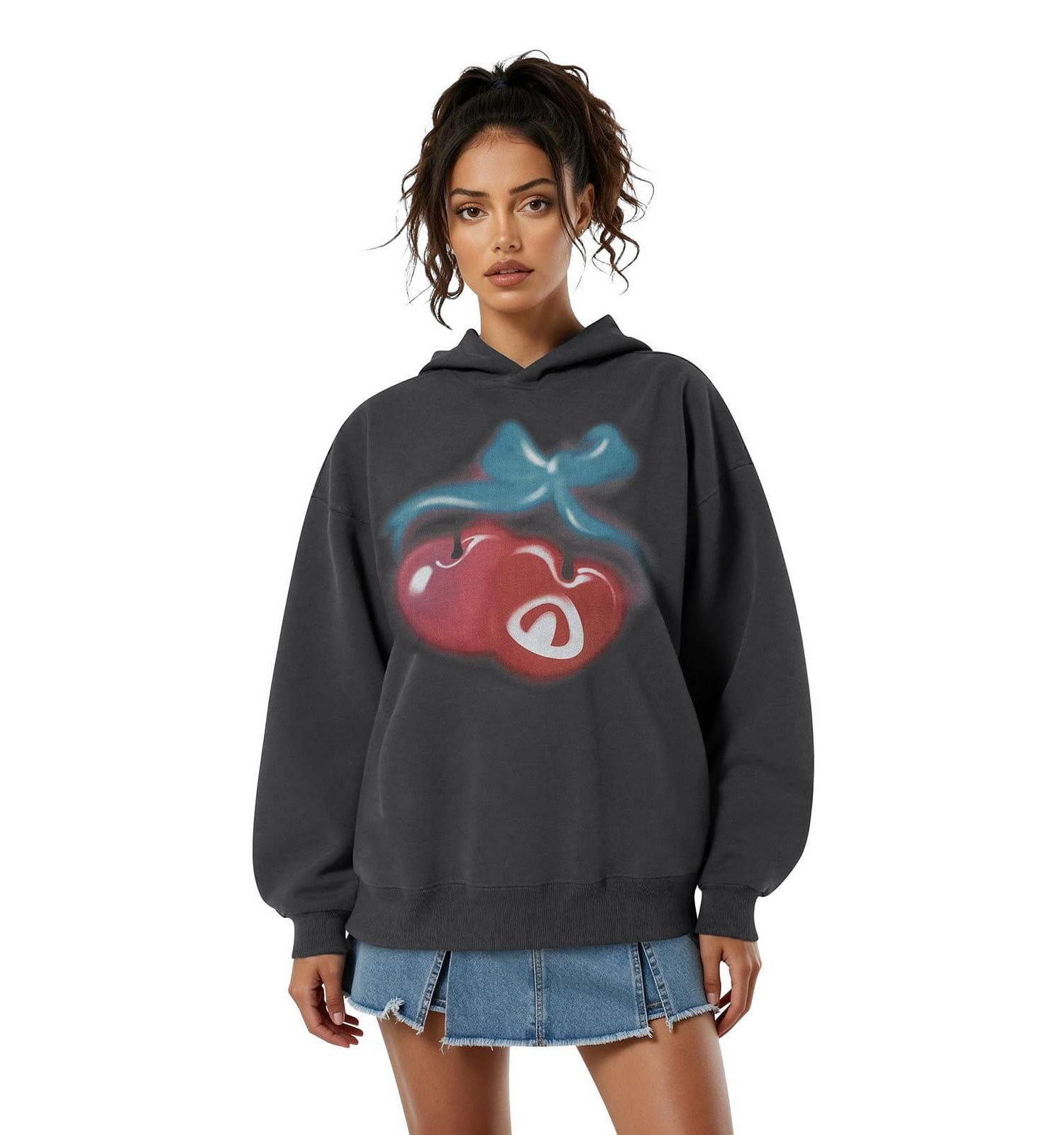 Women's Oversized Cherry-Print Pullover Hoodie