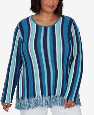 Plus Size Stripe Fringe 3/4-Sleeve Pullover