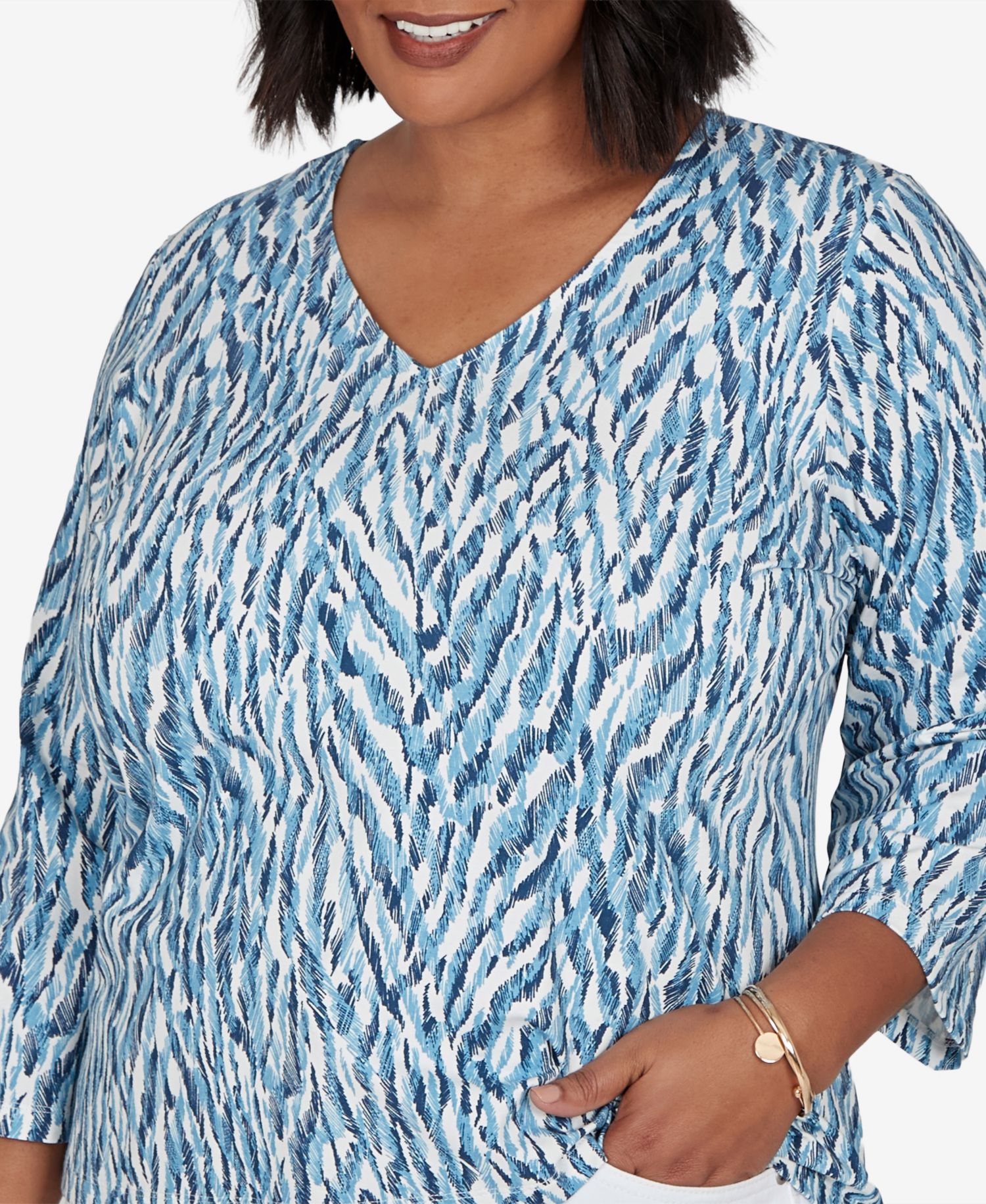 HEART OF PLAM Plus Size Animal Print V-Neck Cotton-Blend Blouse