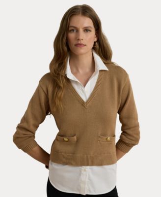Women's V-Neck Long-Sleeve Relaxed-Fit Cotton Sweater