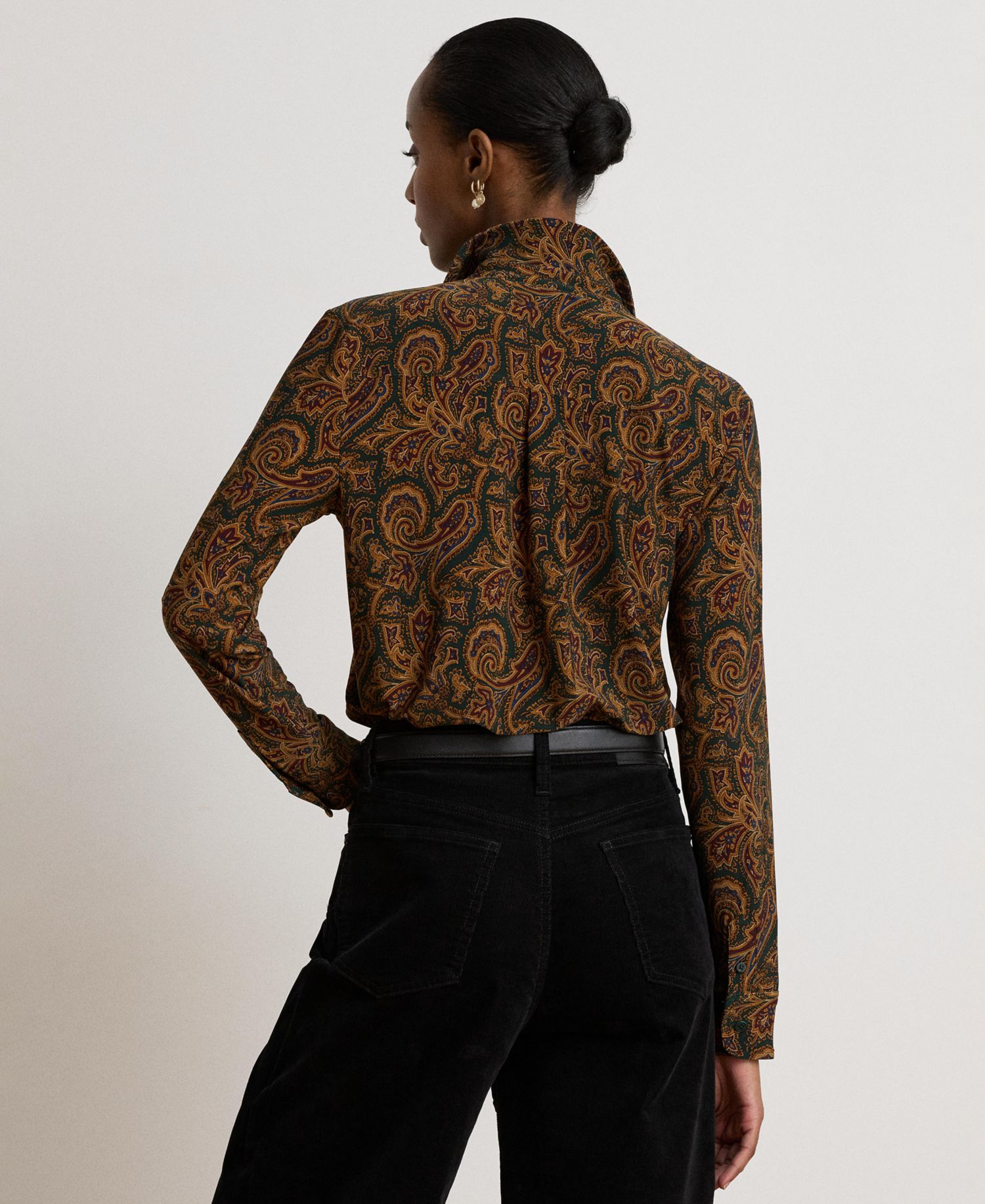 Women's Paisley Stretch Jersey Shirt Long-Sleeve Button-Up Blouse