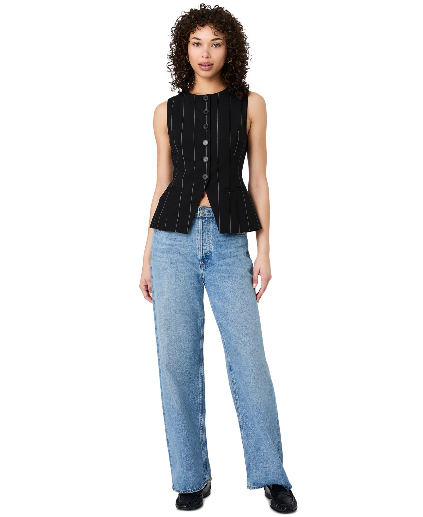 Женский топ French Connection Wide Pinstripe Suiting Sleeveless Peplum, цвет: Чёрный / Белый — фото 9