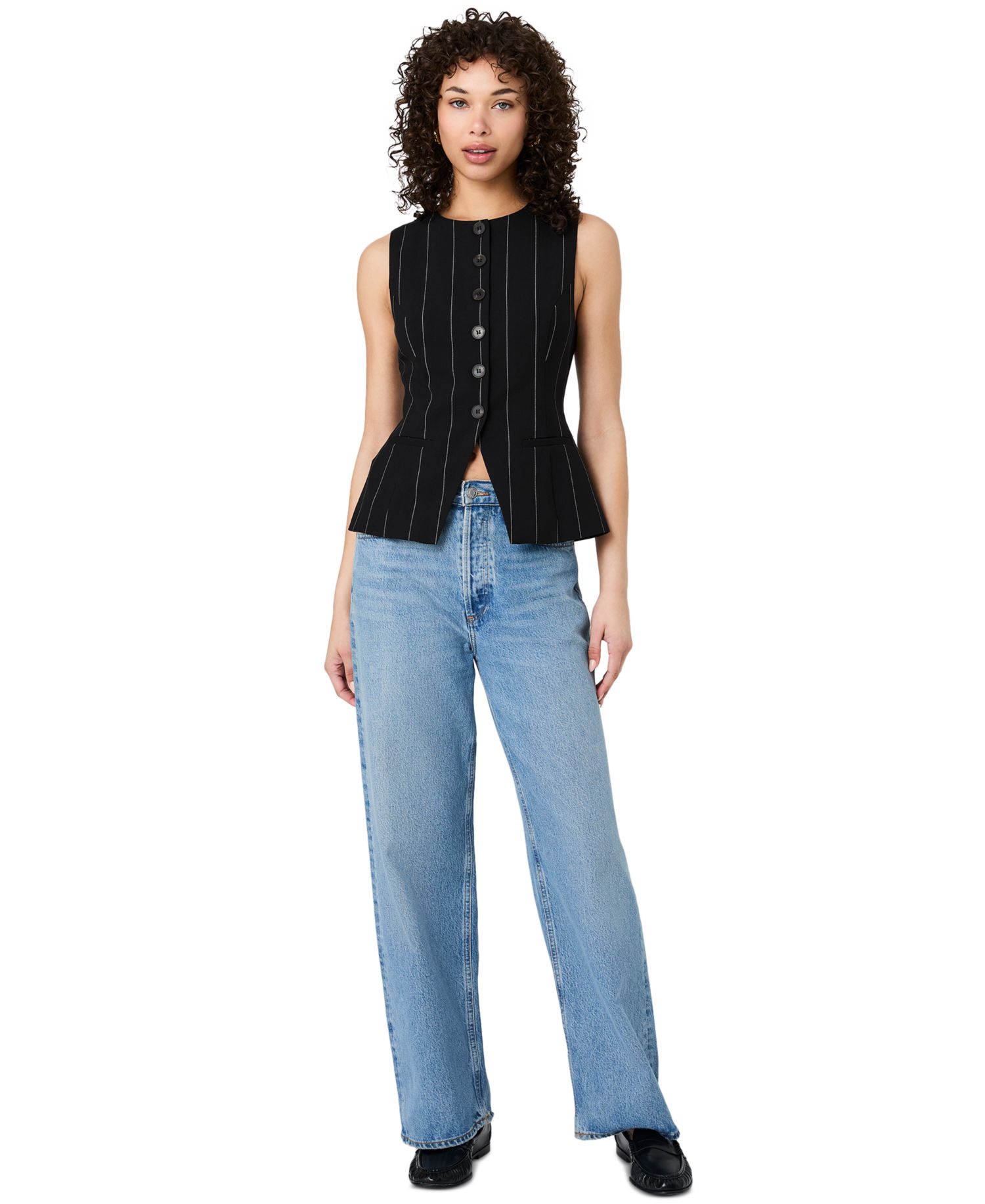 Women's Wide Pinstripe Suiting Sleeveless Peplum Top