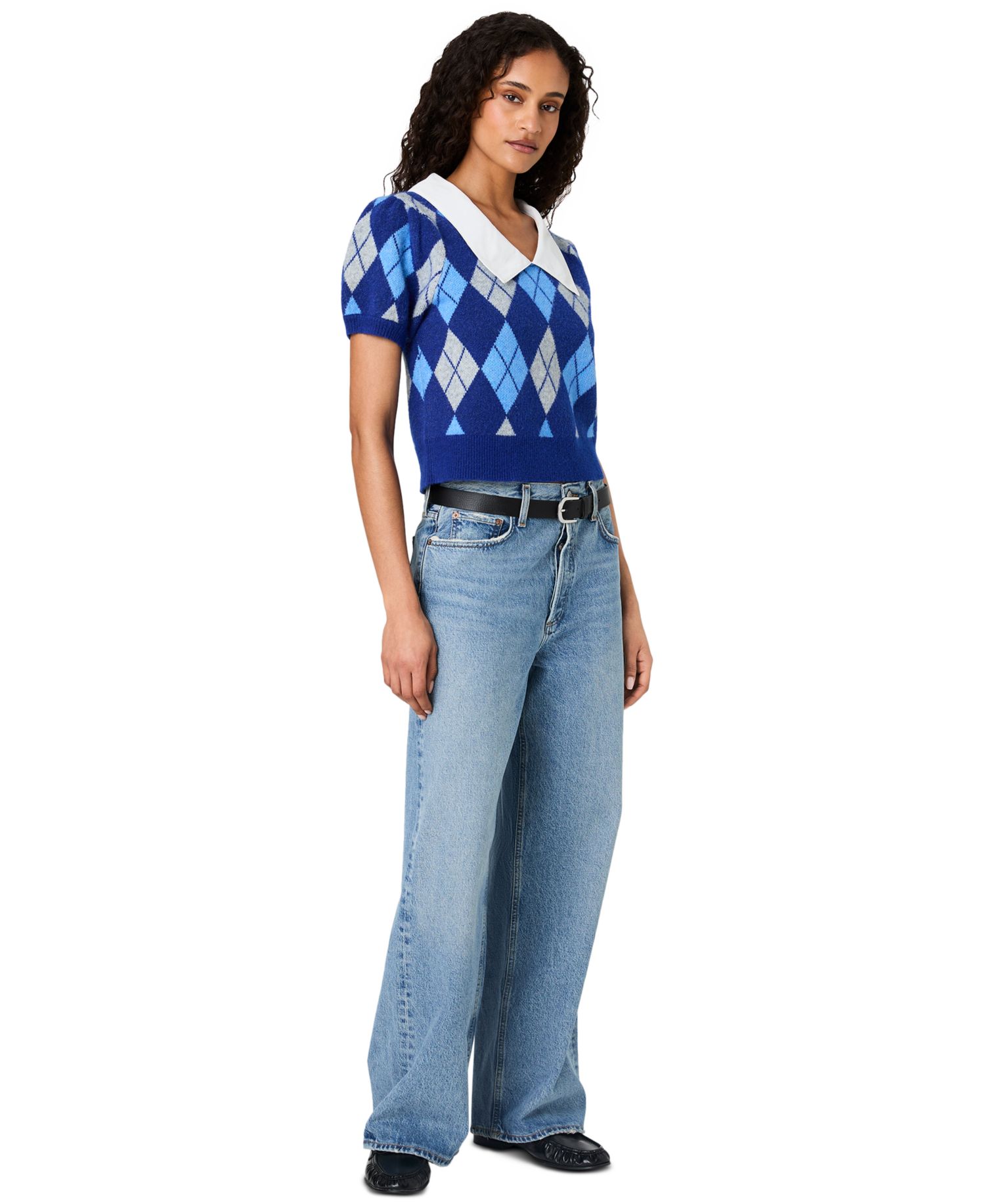 Women's Koda Puff-Sleeve Argyle-Jacquard Collared Top